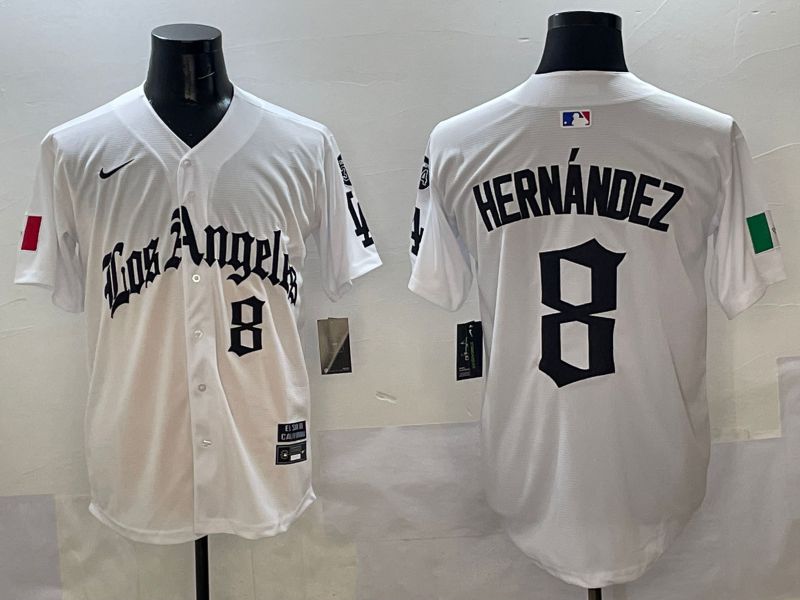 Men Los Angeles Dodgers 8 Hernandez White Five generations Joint Name 2025 Nike MLB Jersey style 5